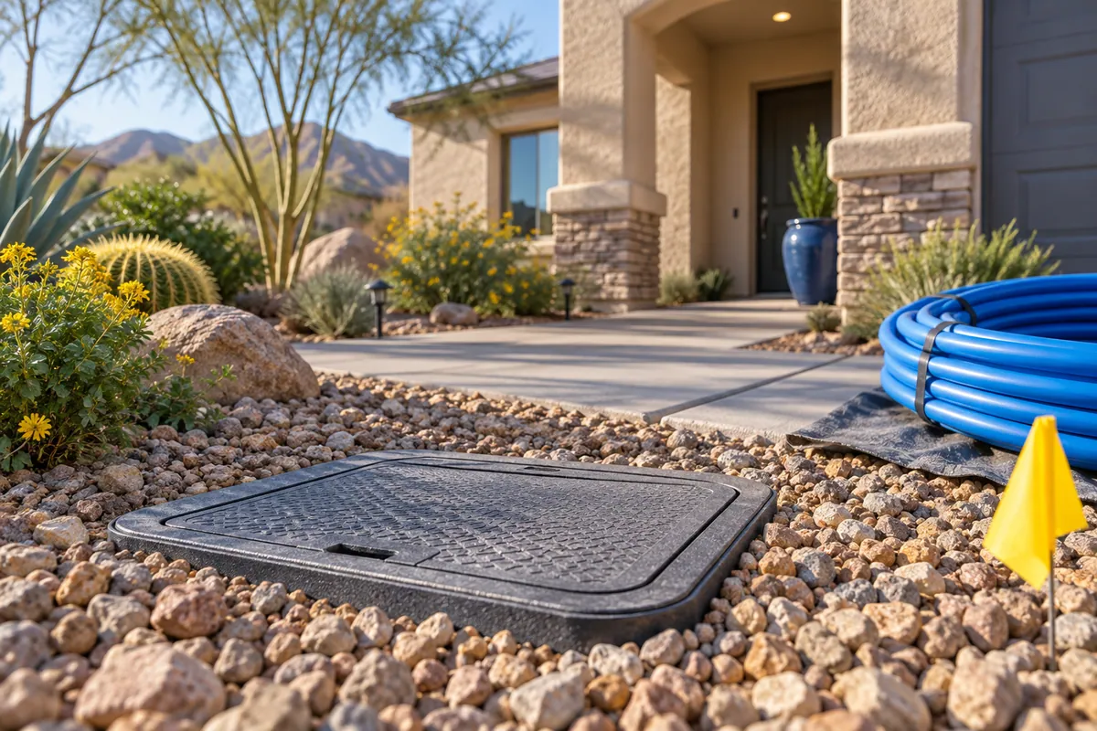 Editorial illustration: water-meter box and coiled blue supply pipe beside a front path.