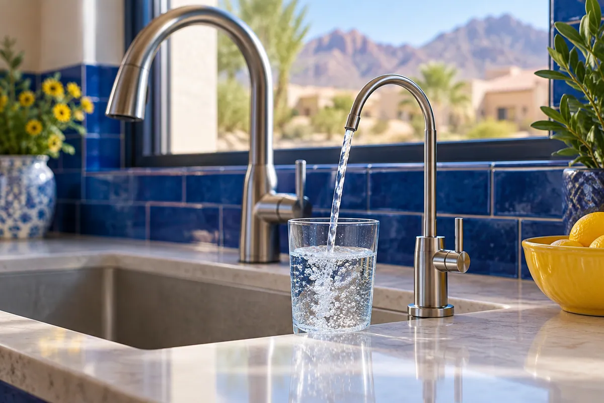 Editorial illustration: filtered-water tap filling a clear drinking glass.