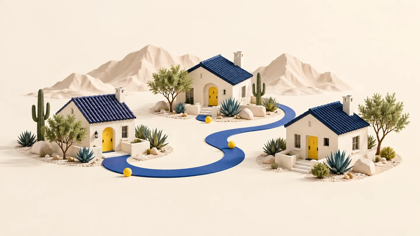 Three desert homes connected by a flowing blue path
