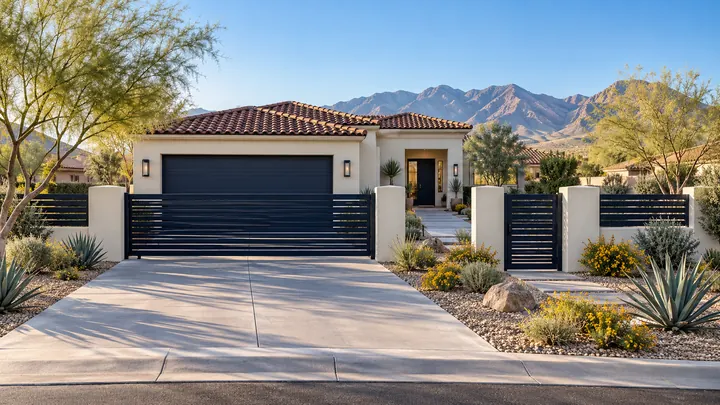 Modern residential gate and fence framed by desert planting