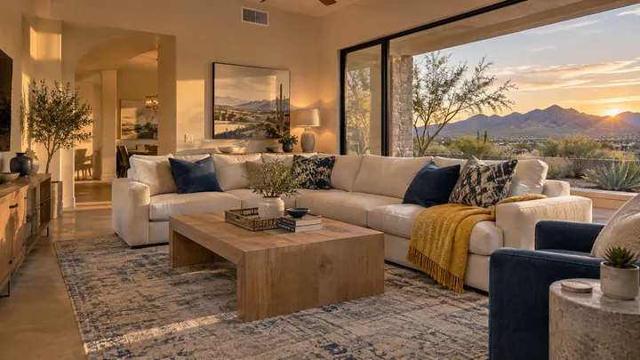 Comfortable sunlit living room overlooking a Las Vegas desert garden