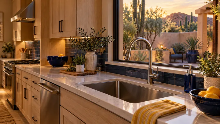 Warm contemporary kitchen with sink and blue and yellow accents