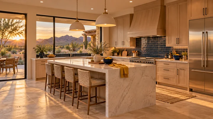 Beautiful remodeled kitchen with a stone island, natural wood cabinetry and desert sunset views