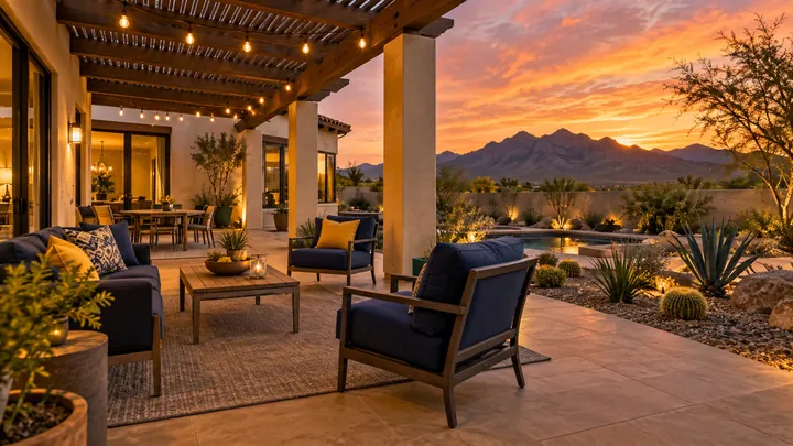 Shaded patio with warm string lights and desert mountain views