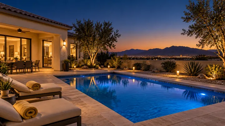 Backyard swimming pool beside a Las Vegas home at dusk