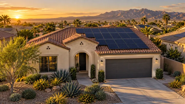 Rooftop solar panels on a desert home in golden evening light
