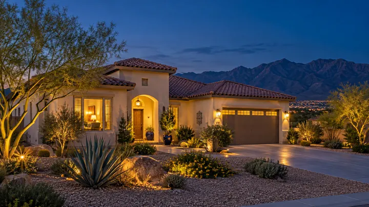 Warmly lit stucco home with desert landscaping at twilight