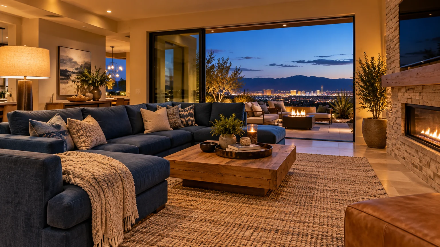 Beautiful living room at blue hour with layered warm floor lamp and recessed lighting, blue couch