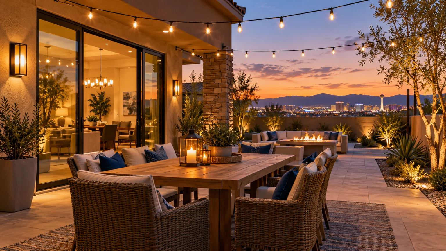 Las Vegas backyard dining terrace at dusk with tasteful functional string lights and wall sconces