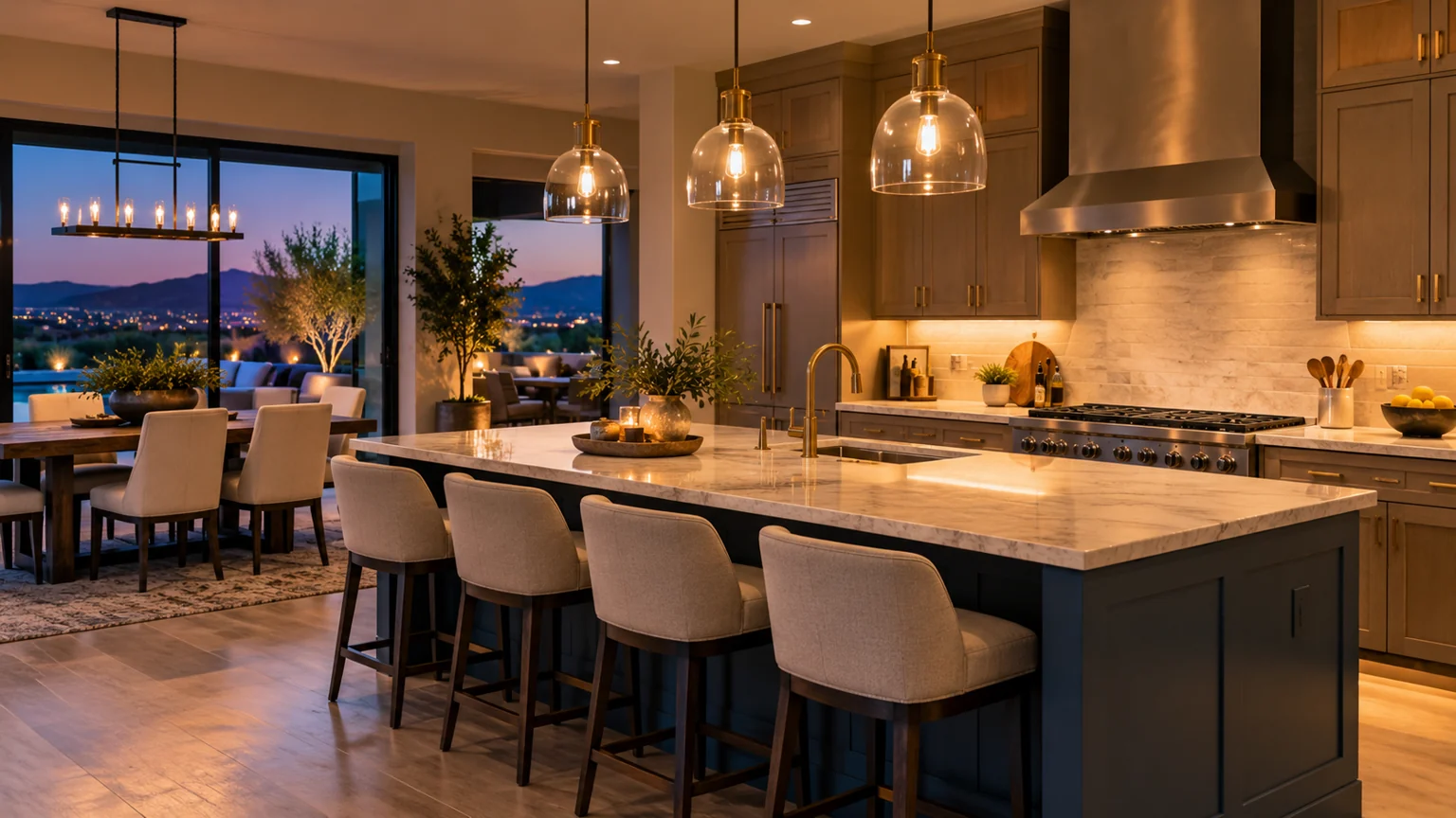 Modern warm kitchen at evening with pendant lights above island and understated undercabinet illumination