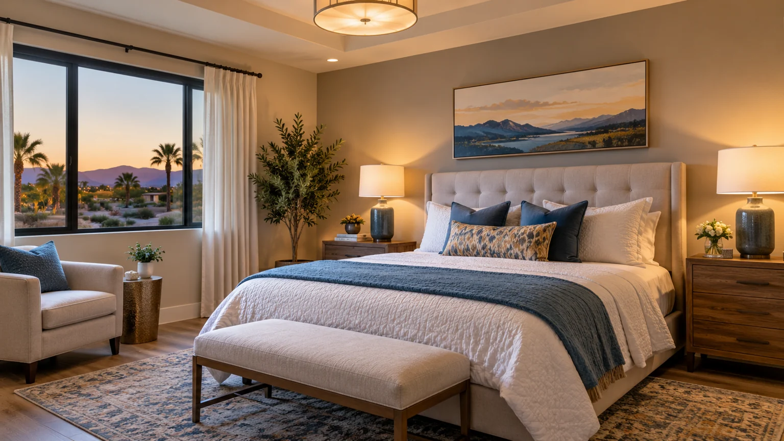 Cozy bedroom with practical matching bedside lamps and soft ceiling illumination