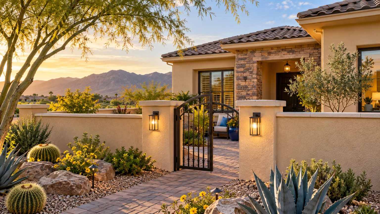 Attractive stucco privacy courtyard wall around desert landscaped Las Vegas home, welcoming gate