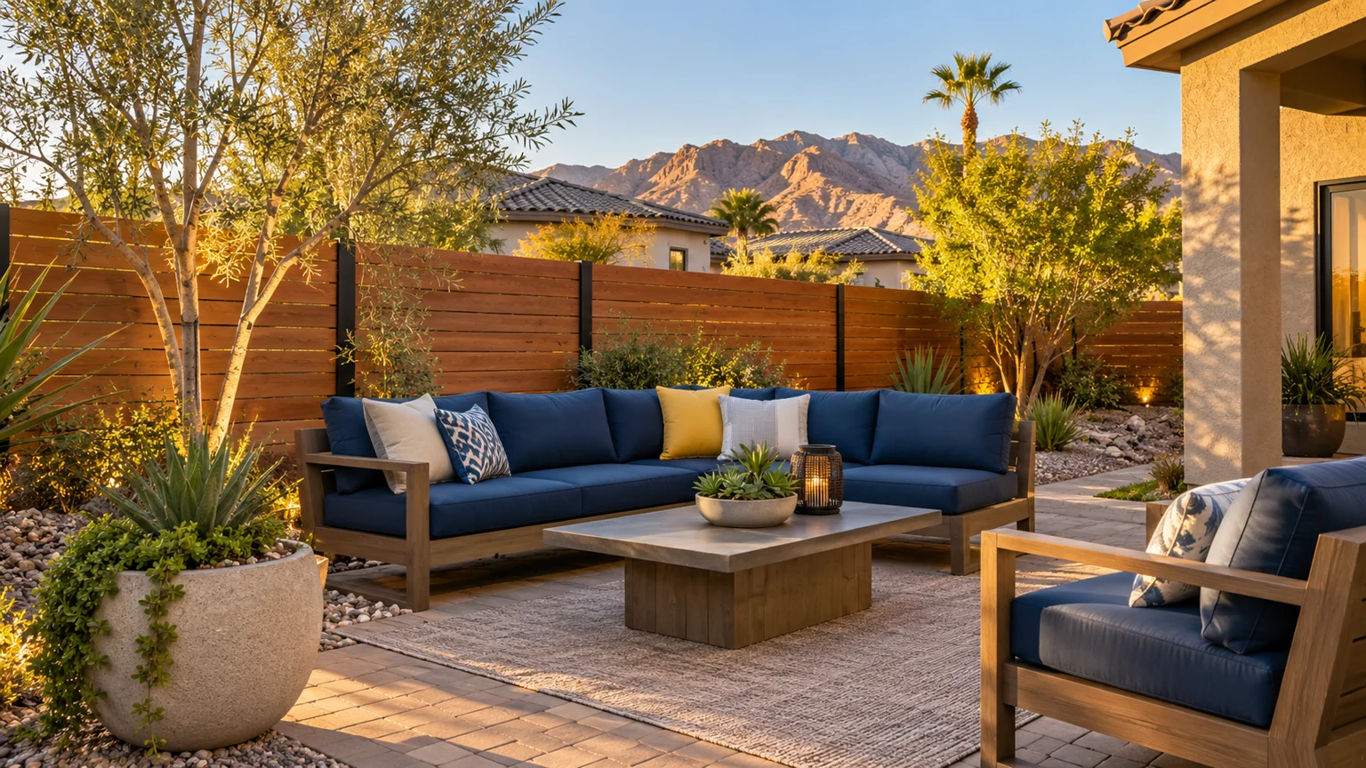 Beautiful horizontal wood privacy fence behind compact backyard lounge with blue cushions