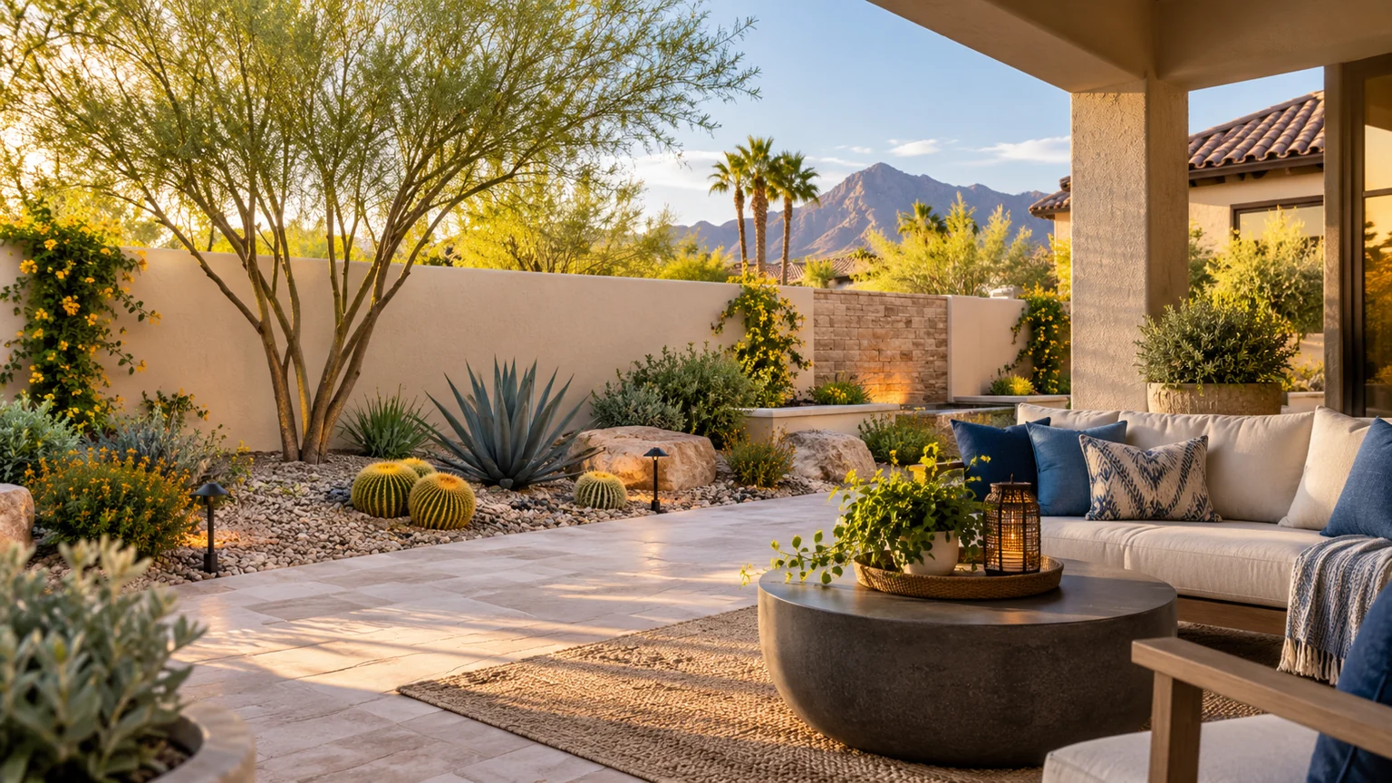 Finished pale stucco garden boundary wall with desert planting and shaded courtyard seating