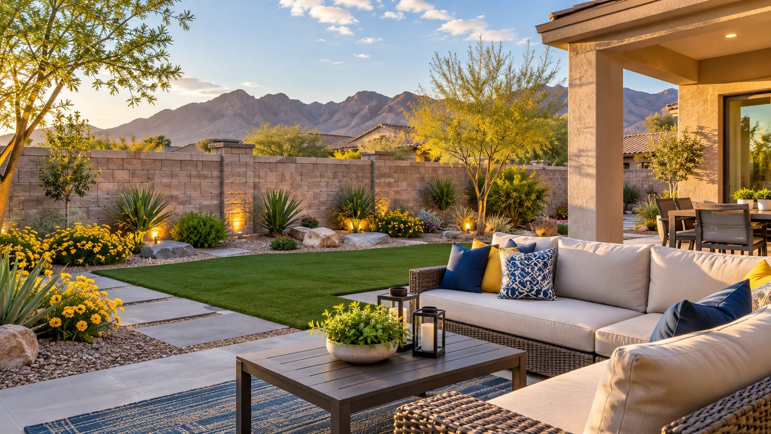 Attractive masonry backyard wall with clean coping, yellow desert flowers and private patio