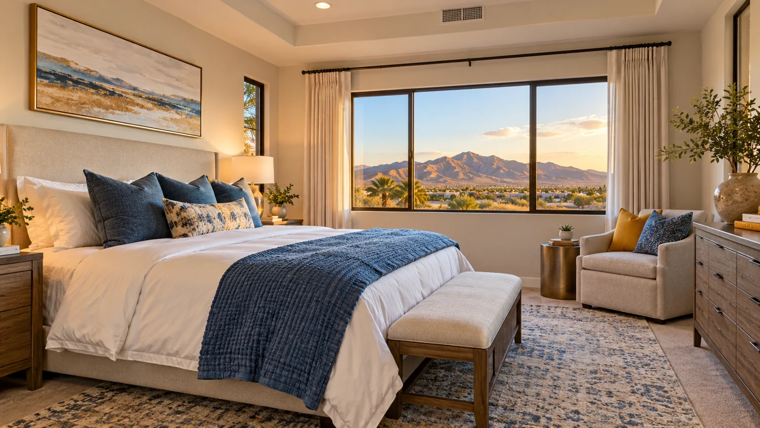 Quiet master bedroom with crisp linen bedding and blue throw, desert view through window, discreet ceiling air vent