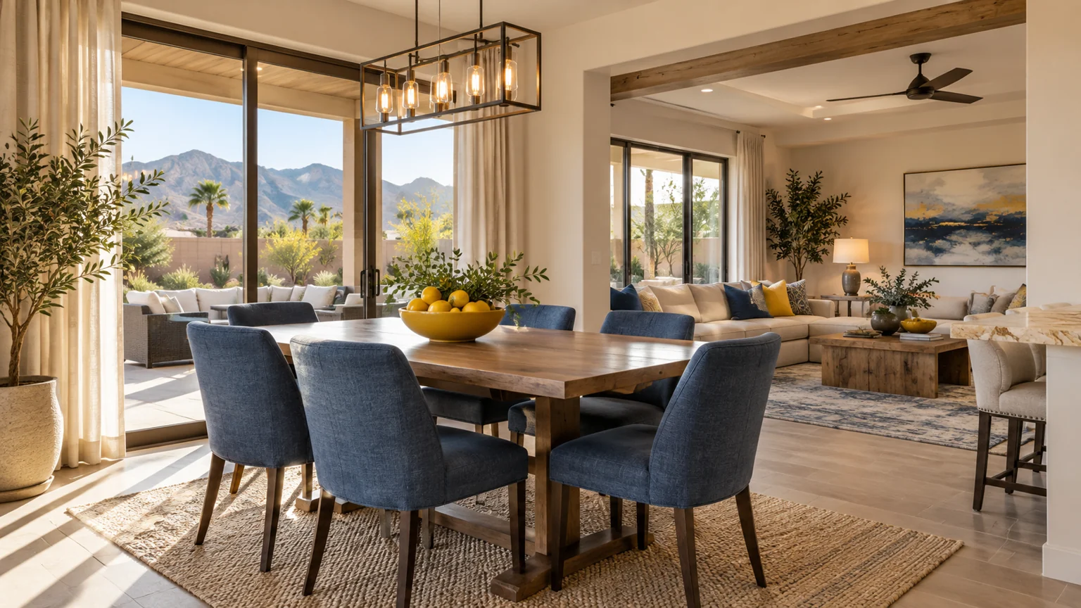 Bright family dining nook opening to a comfortable cool living room, yellow bowl and blue upholstered chairs