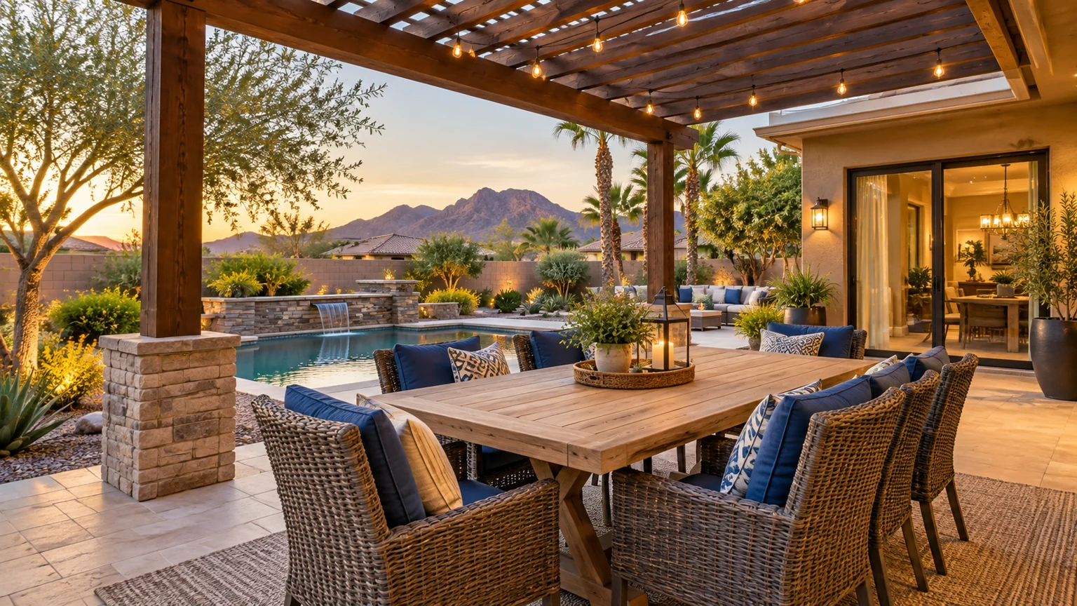 Shaded backyard patio with attainable wood pergola, outdoor dining table and blue seat cushions
