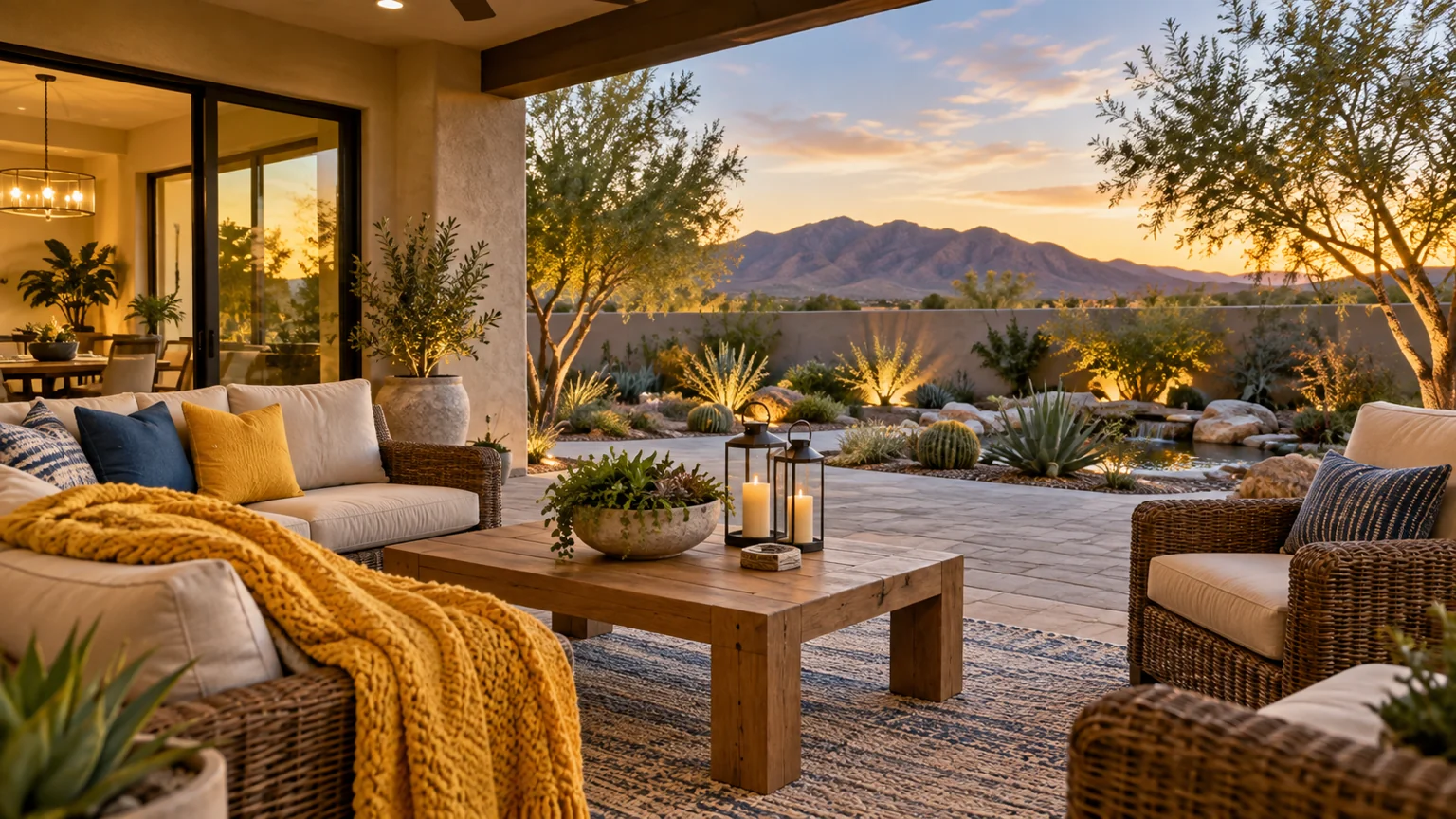 Cozy covered patio lounge overlooking desert landscaped garden, yellow throw and wicker furniture