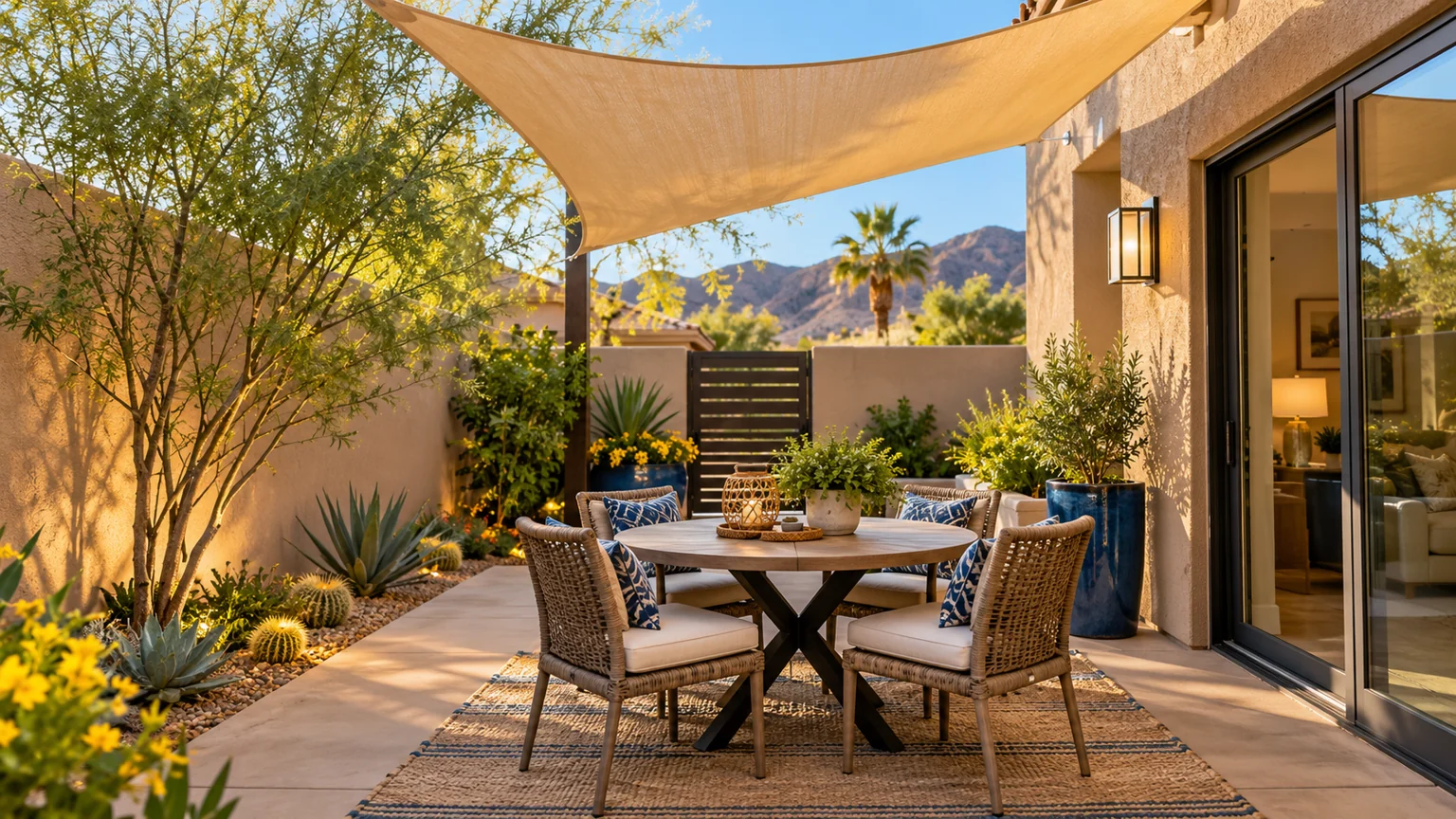Beautiful compact Las Vegas courtyard patio with shade sail and small dining table