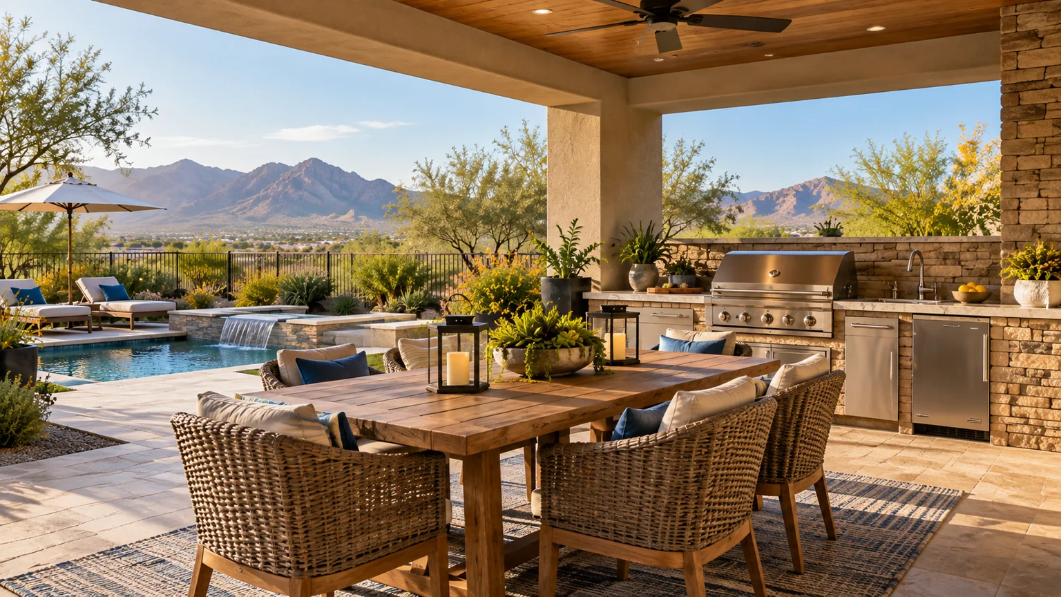 Covered outdoor kitchen and dining terrace with realistic stone paving and soft morning light