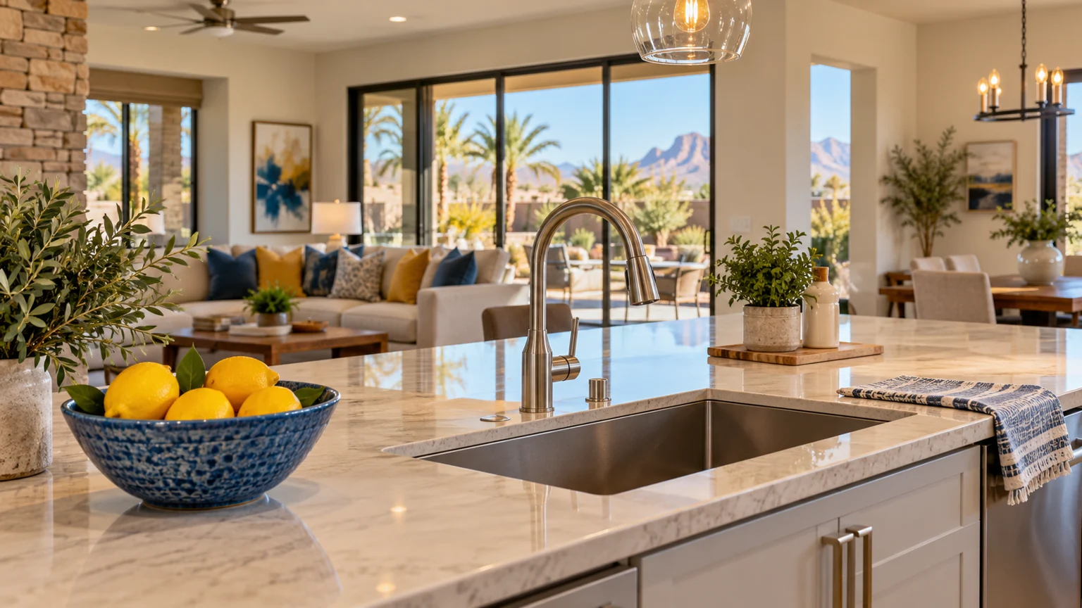 Finished contemporary kitchen with beautiful undermount sink and curved brushed nickel faucet at center, blue ceramic bowl