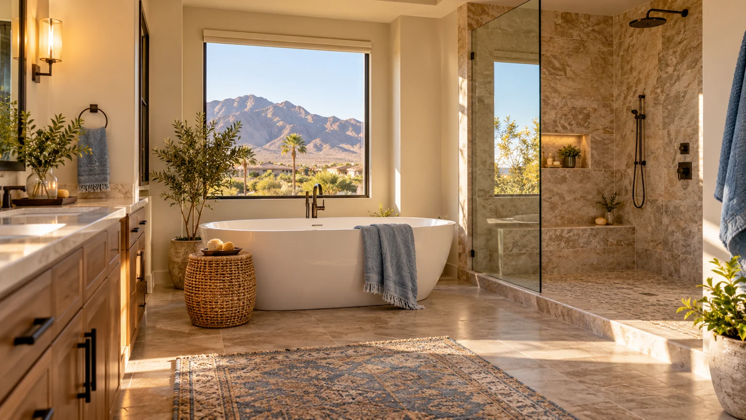 Inviting bathroom with realistic freestanding bath and walk-in shower, warm tile, pale blue towel