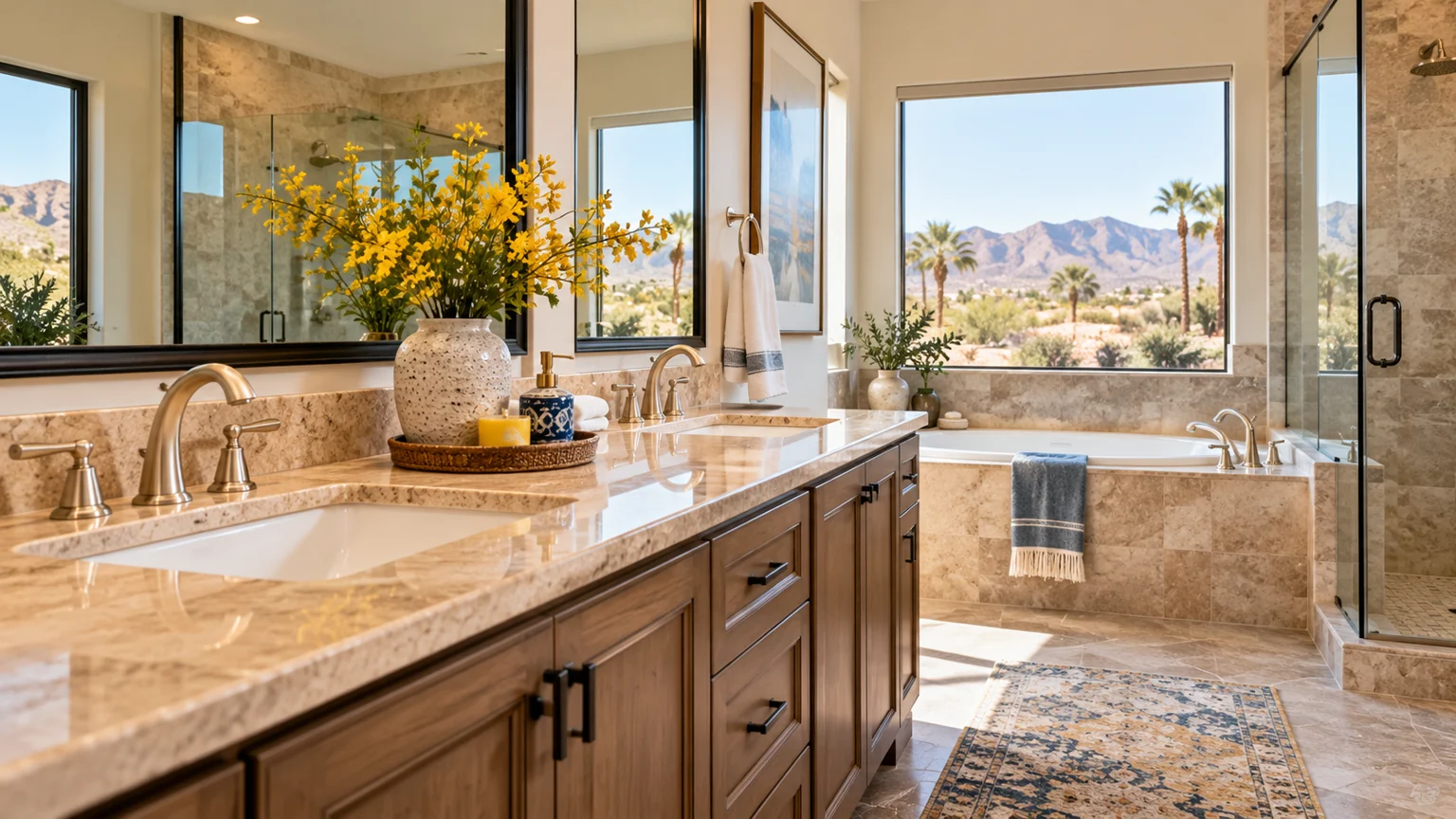 Bright double vanity bathroom, functioning elegant faucets, warm stone counters and yellow flowers