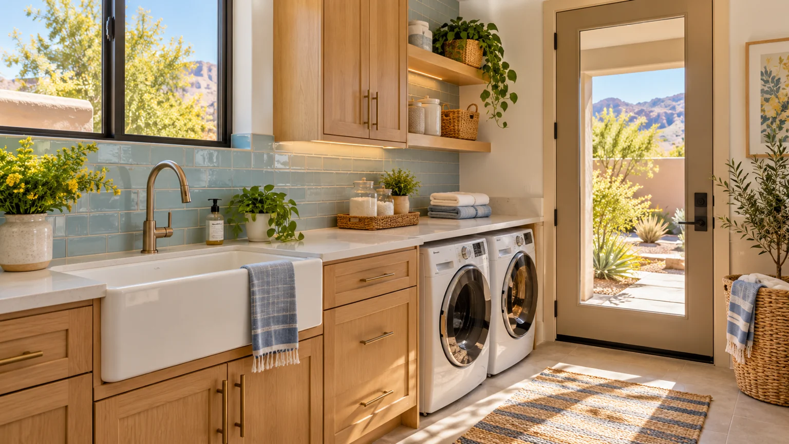 Sunny laundry room with deep utility sink, tasteful oak cabinetry and pale blue tile