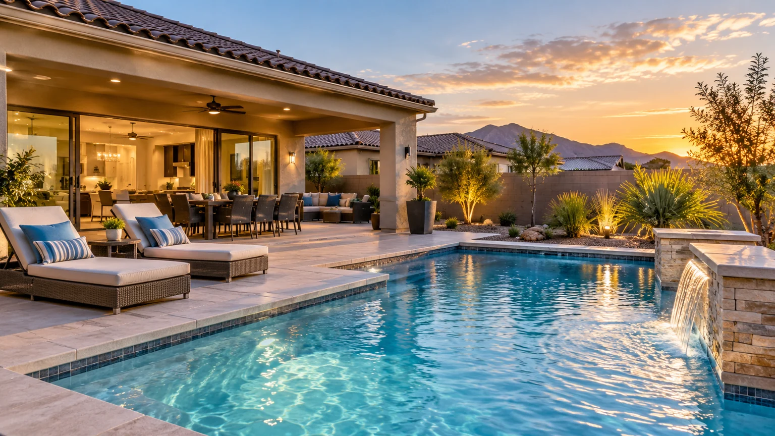Inviting realistic backyard swimming pool of an attainable Las Vegas home, clear blue water and two loungers