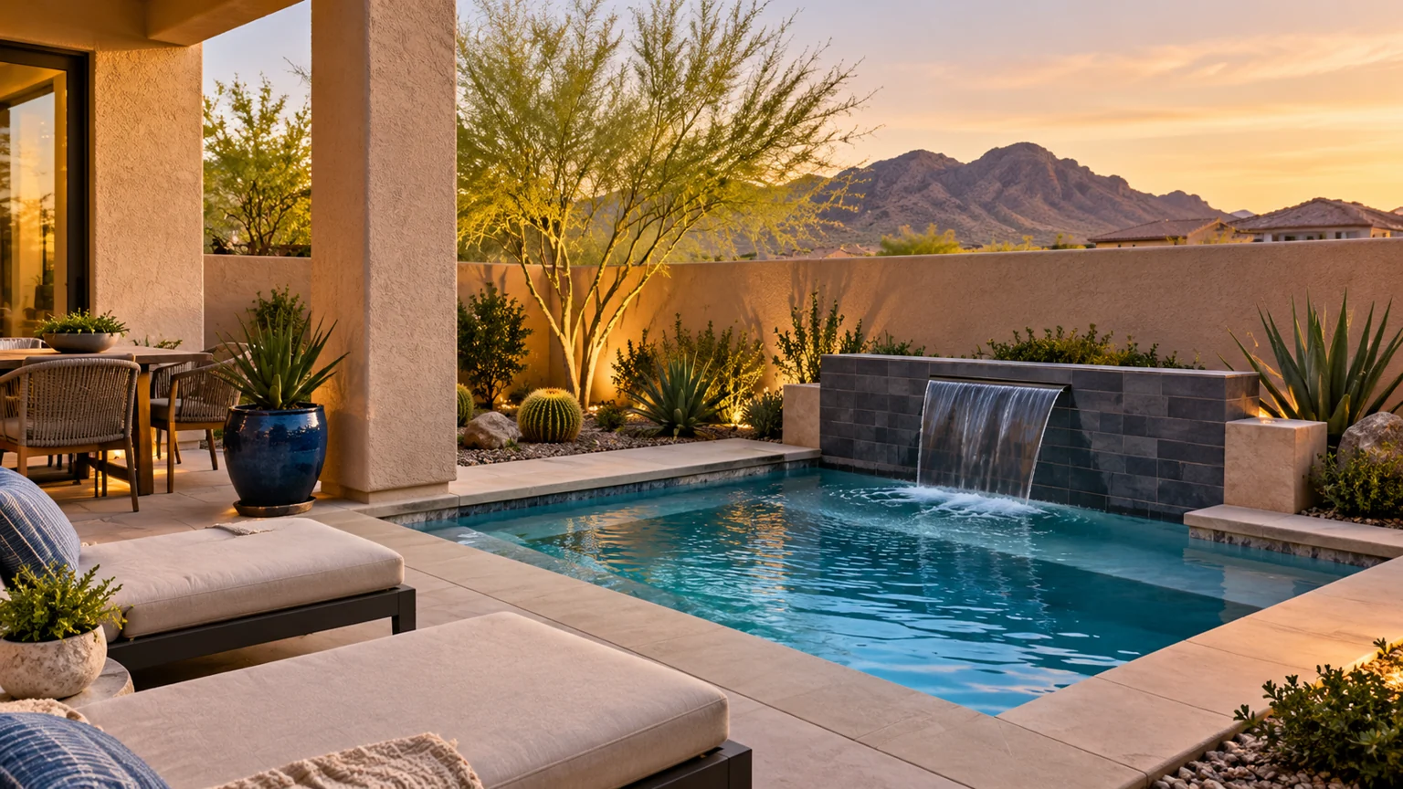 Small modern plunge pool framed by desert planting and warm stucco privacy walls