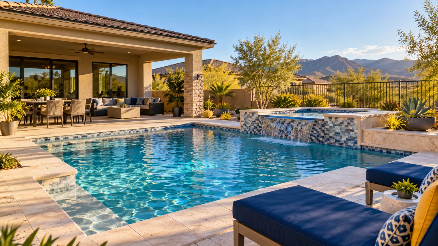 Backyard pool with attached raised spa, tasteful tile, blue cushions, sunny afternoon