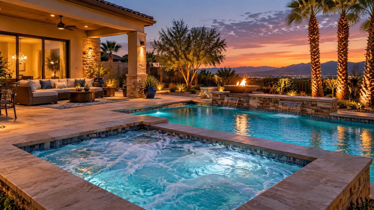 Comfortable bubbling spa beside shaded pool deck at dusk, subtle warm landscape light