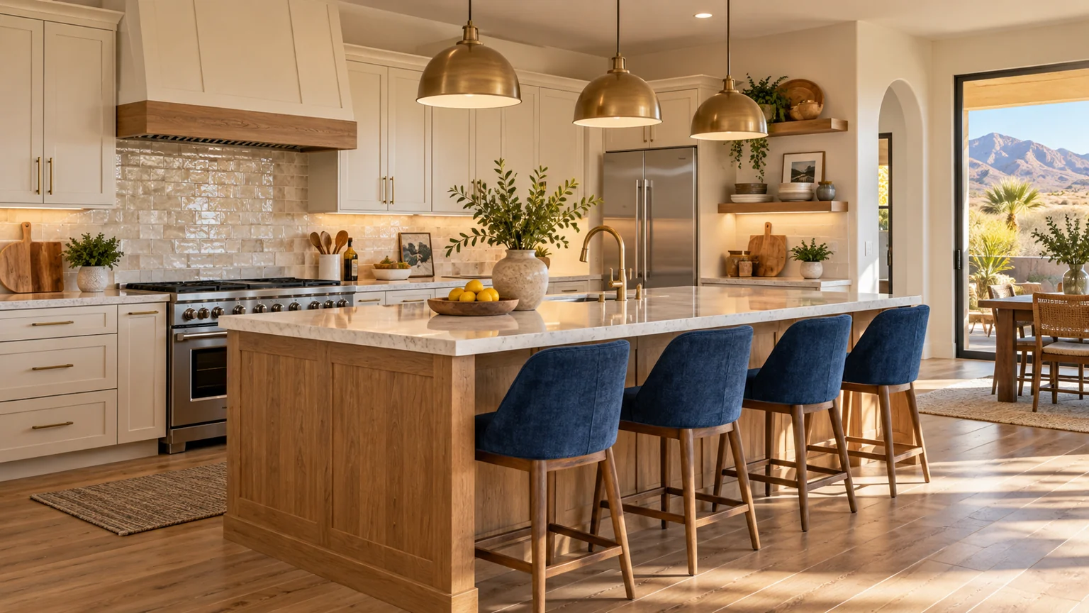 Beautiful finished attainable kitchen remodel with oak island blue stools warm natural light