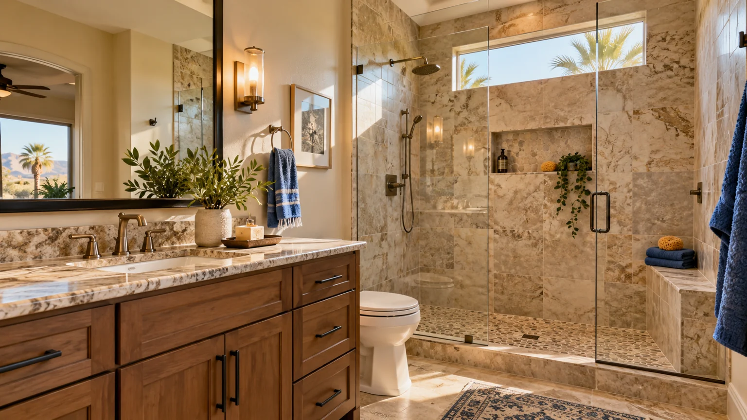 Finished bathroom remodel with walk-in shower and warm stone tile, blue towel