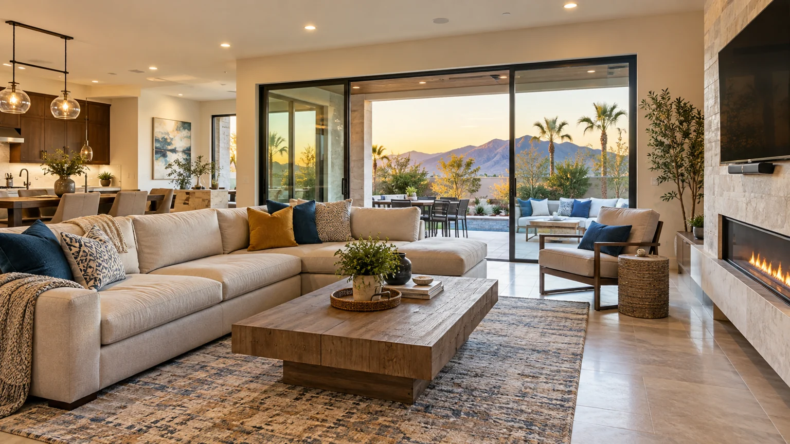 Bright expanded family room with large sliding doors to backyard, comfortable neutral sofa