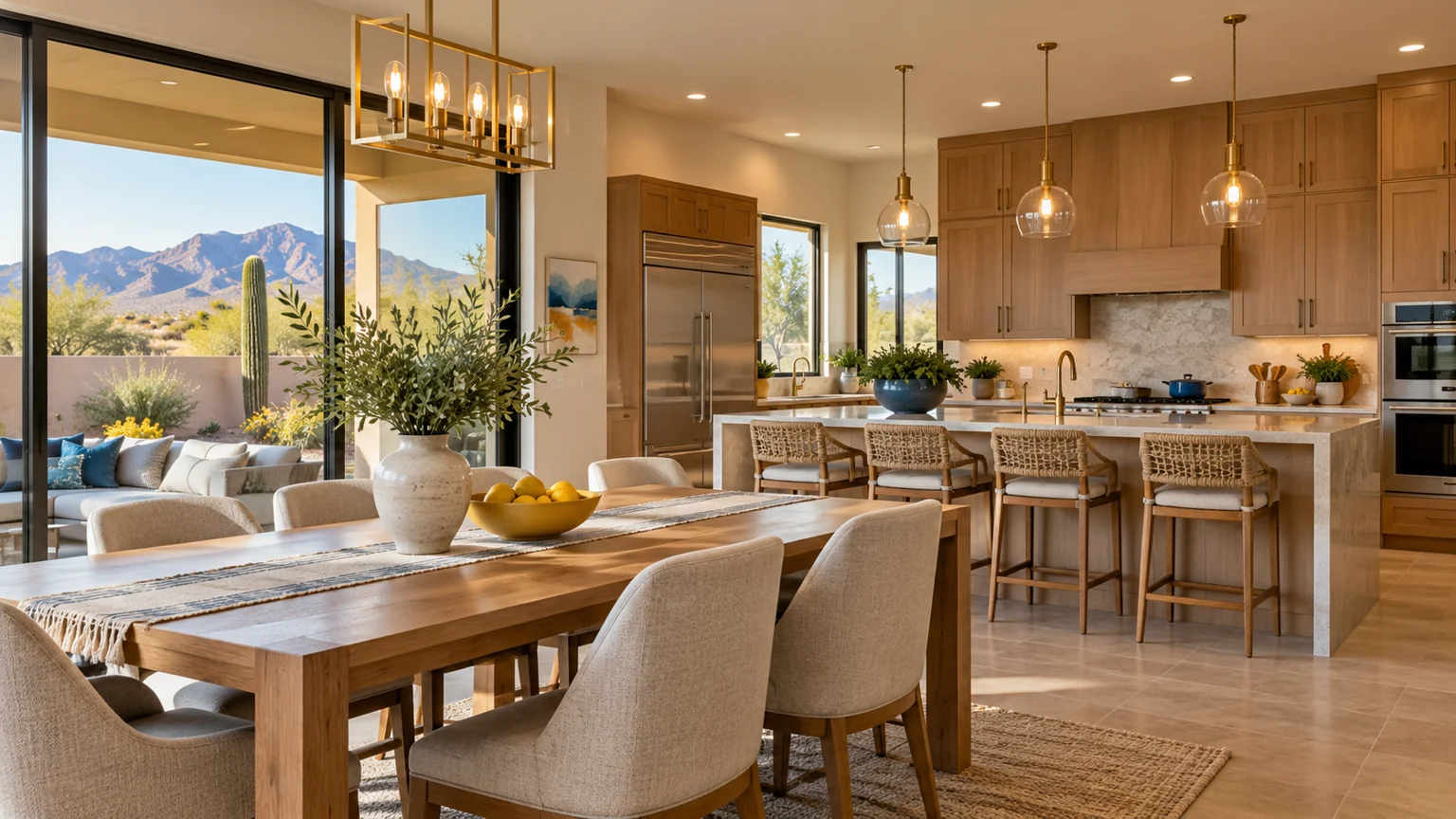 Renovated open-plan dining and kitchen space in Las Vegas home, natural oak cabinetry yellow bowl