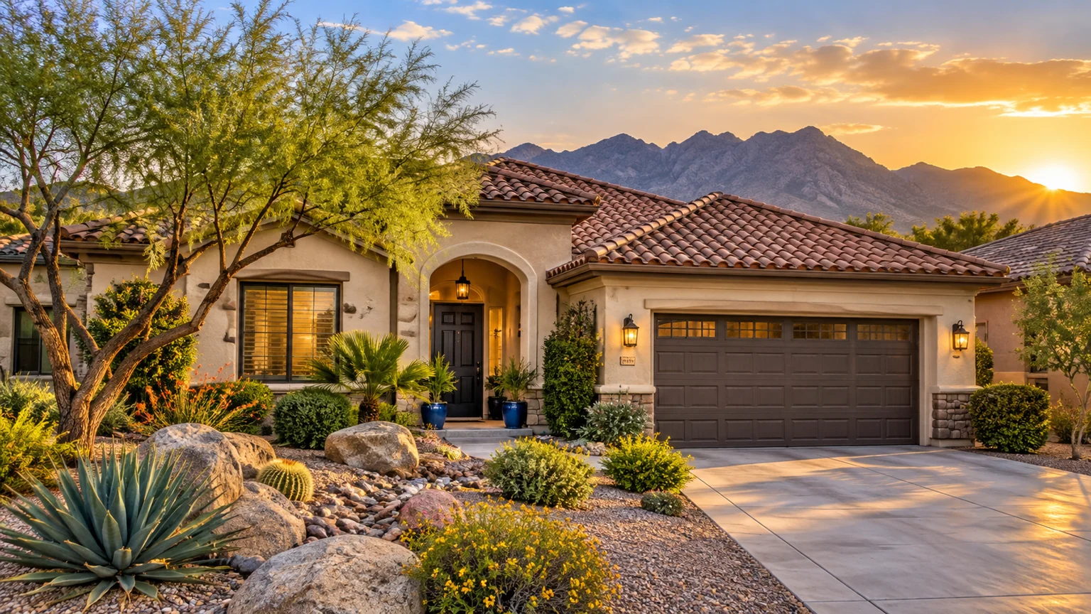 Beautiful Las Vegas ranch stucco house with prominent realistic clay tile roof, mature desert garden