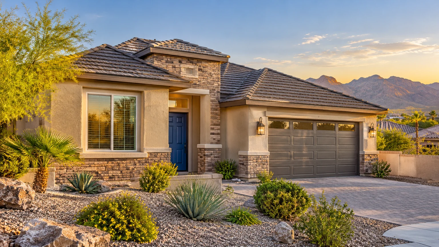 Three-quarter editorial view of attractive suburban home with clean asphalt shingle roof and blue front door