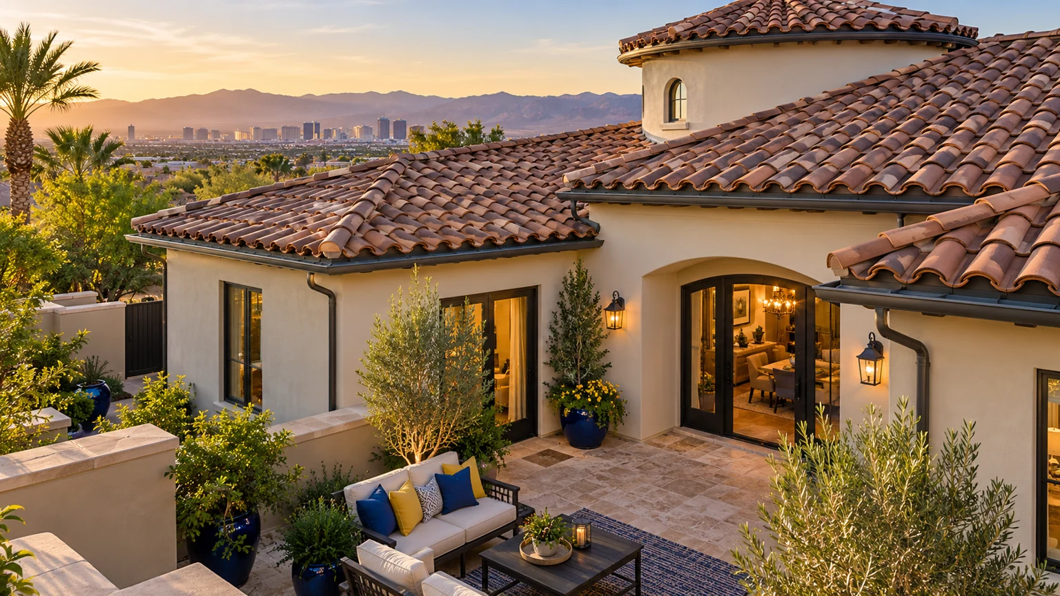 Elevated view of terracotta tiled roof on inviting courtyard house, realistic gutters and clean roof edges