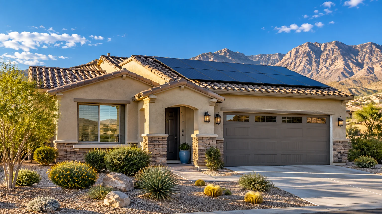 Attainable stucco Las Vegas house with realistic neatly mounted rooftop solar panel array, sunny blue sky, desert landscape
