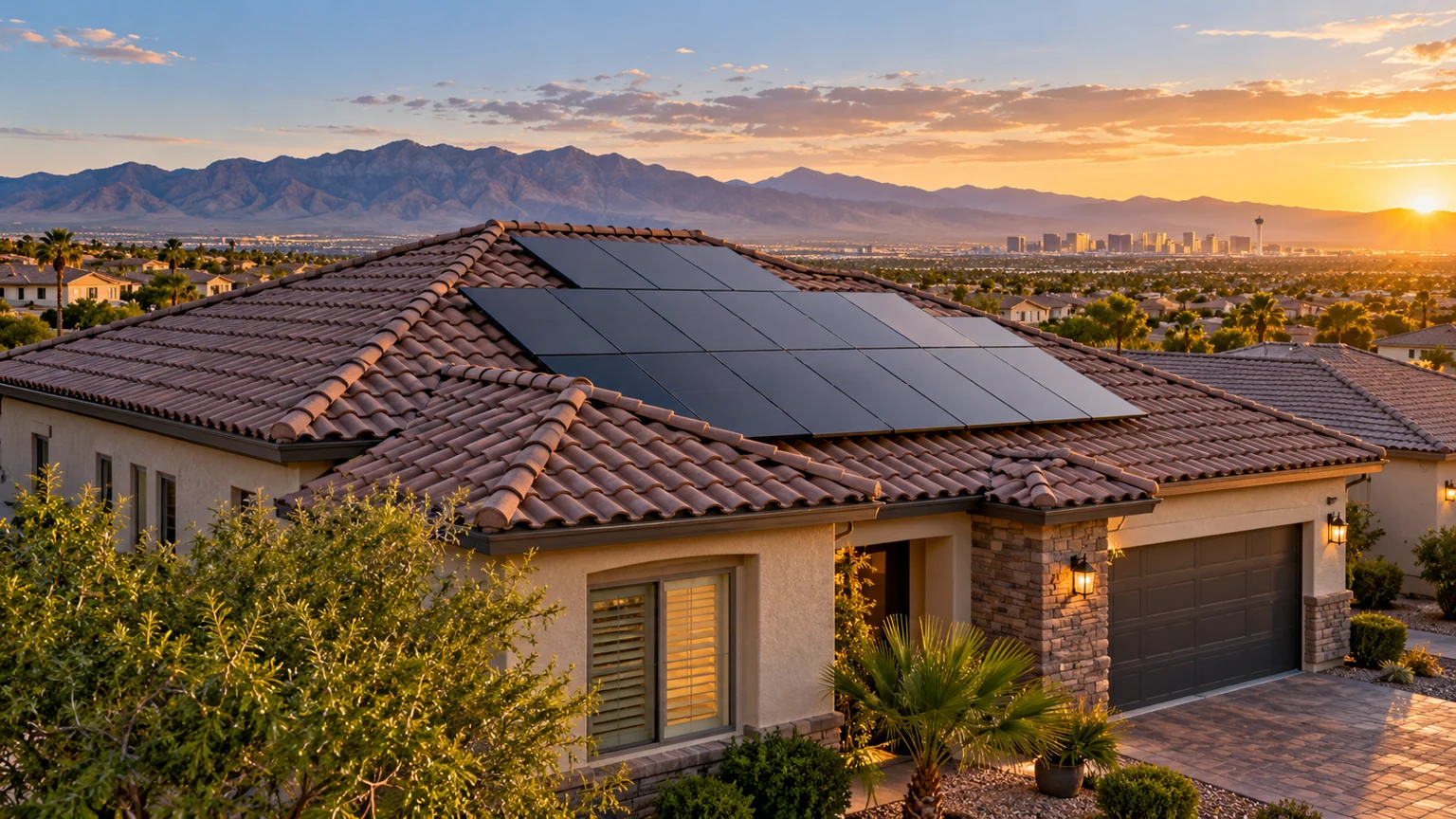 Elevated three-quarter view of clay tile Las Vegas house roof with plausible dark solar panels, mountains distant