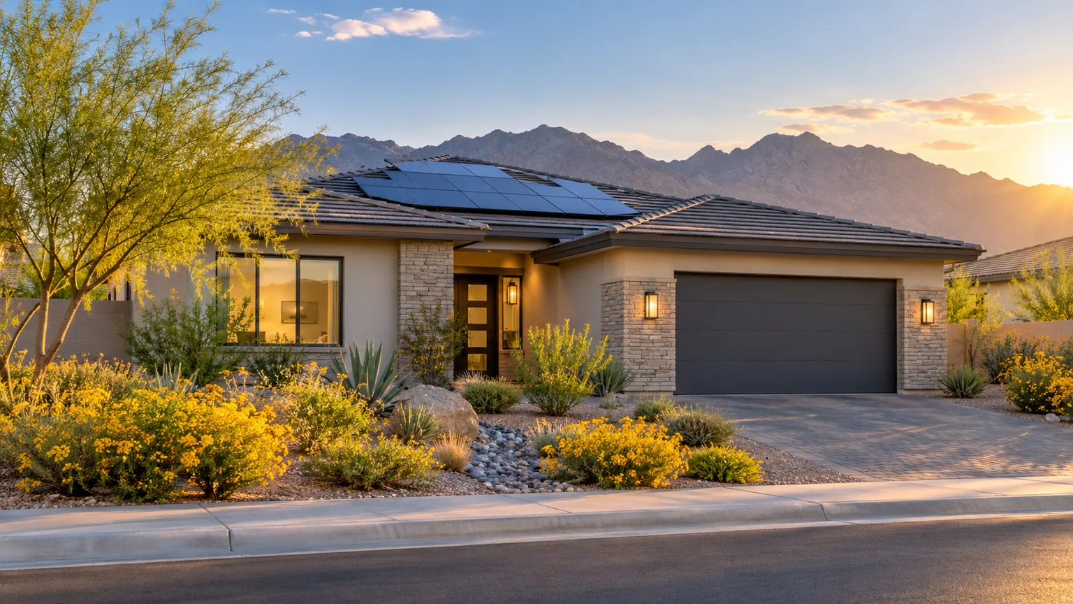 Street-level modern single-story desert home with visible solar panel array and yellow blooming landscape
