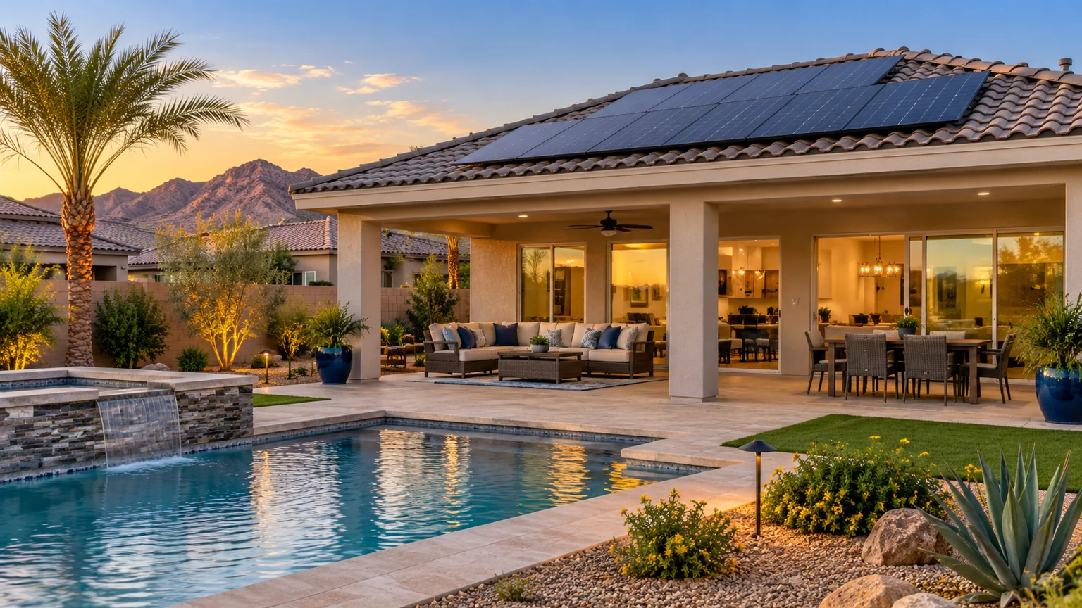 Rear garden view of suburban Las Vegas house, rooftop solar panels clearly visible above shaded patio