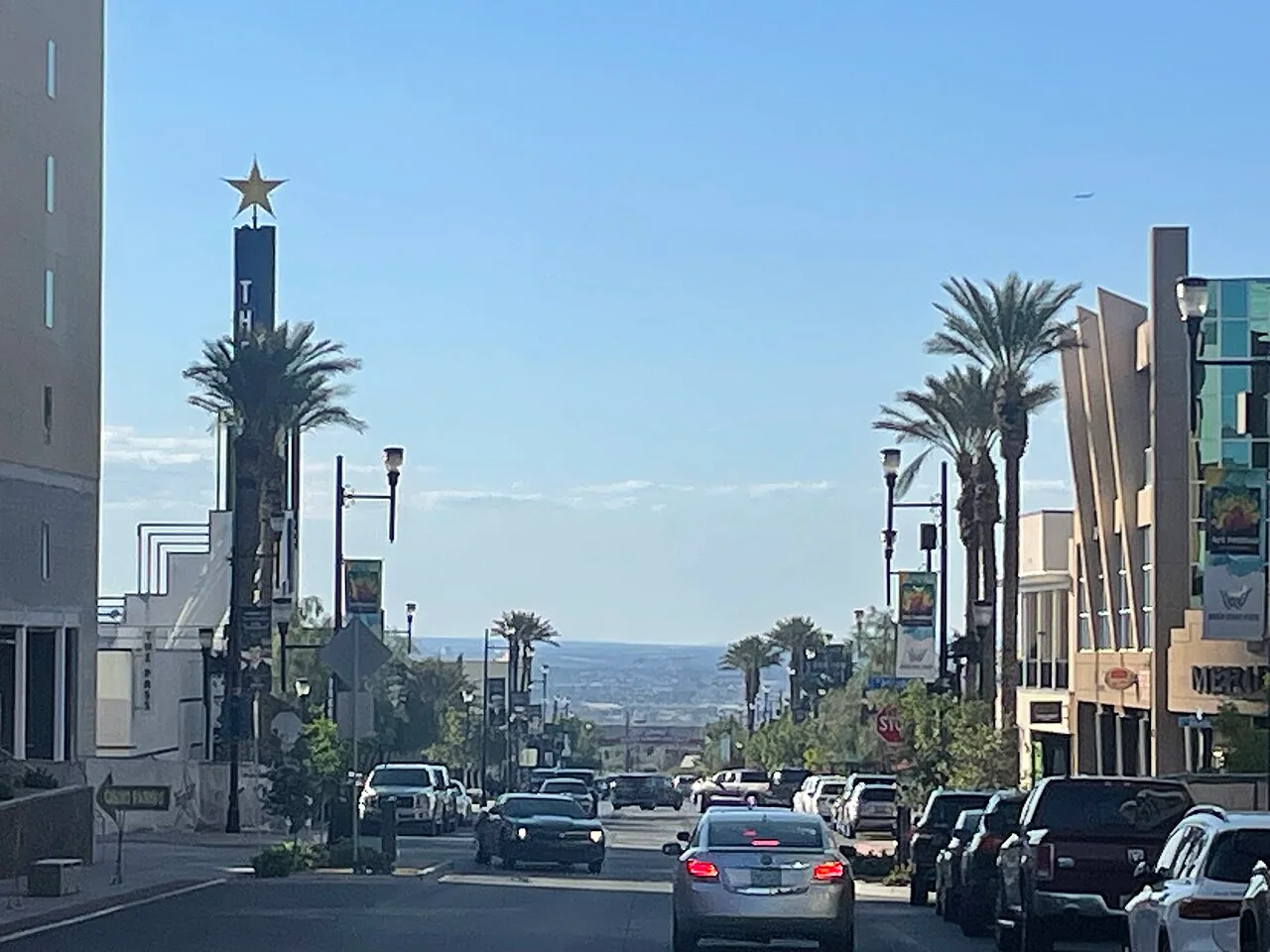 Street view of Henderson’s Water Street District, with palm trees, cars and storefronts.